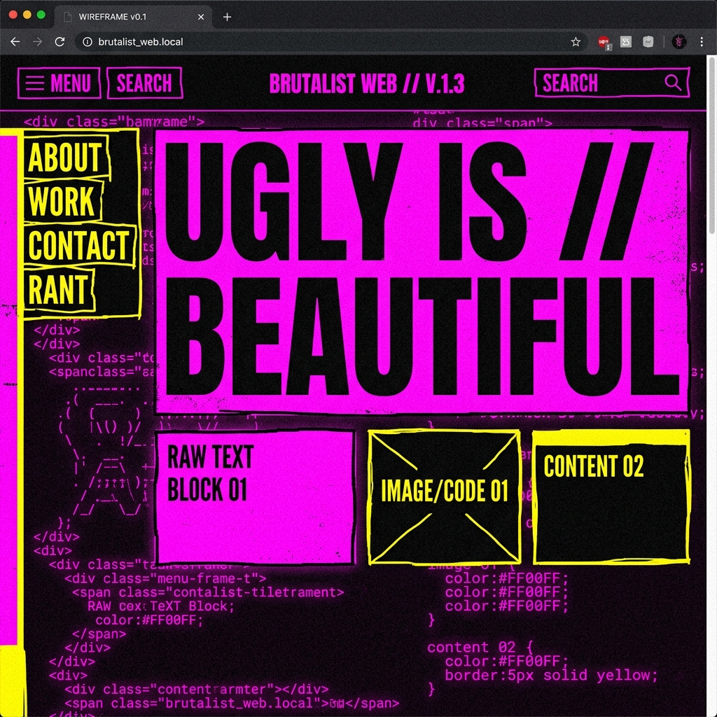 Brutalist web design layout wireframe