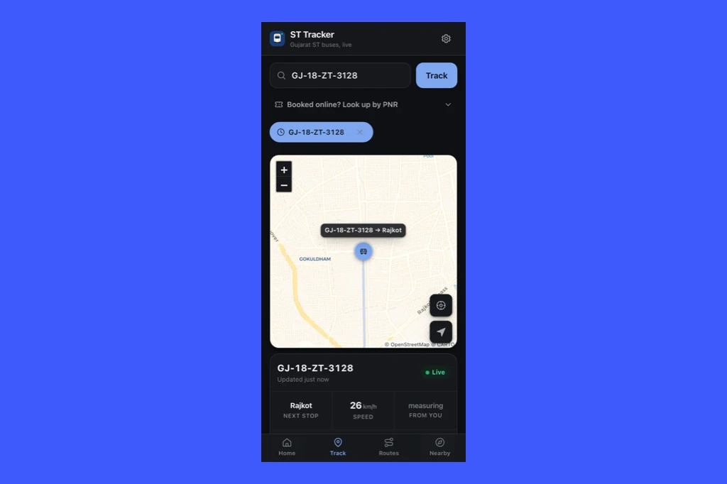 ST Tracker — live GSRTC bus tracking app on a phone